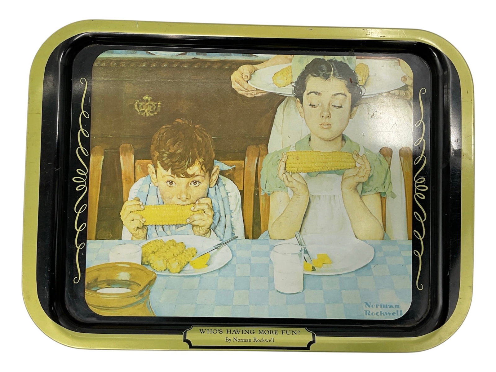 Vintage Metal Serving Tray - Norman Rockwell's Who's Having More Fun.: This piece is a vintage lithographed metal serving tray featuring Norman Rockwell's iconic illustration titled "Who's Having More Fun". Title & Subject Title: "Who's