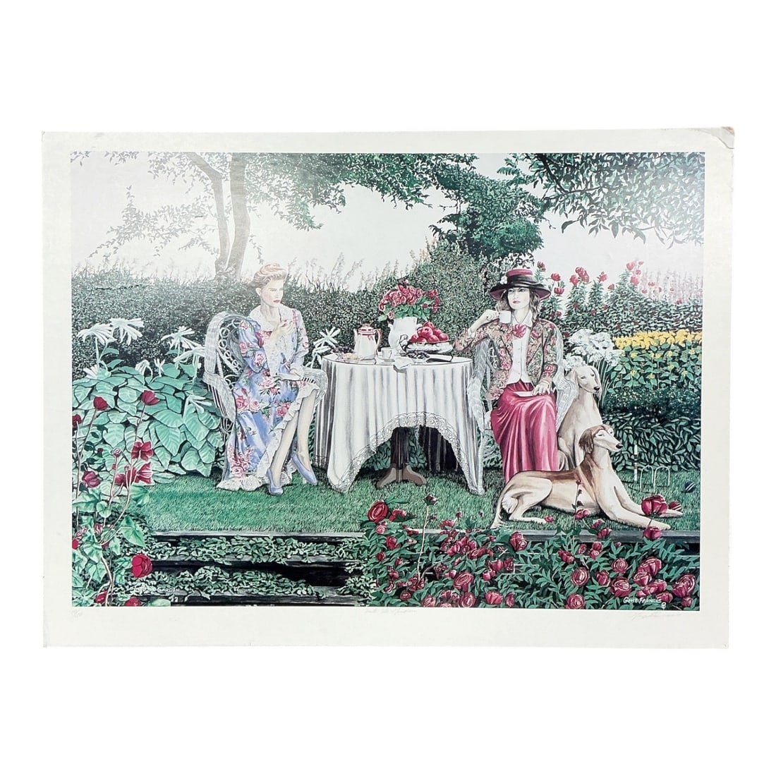 Into The Garden by Gene Francis (American, B. 1937) Lithograph: DescriptionLimited edition lithograph depicting two elegantly attired figures taking tea at a table set in a lush, blooming garden alongside two greyhounds. Specifications Artist: Gene Francis (B.