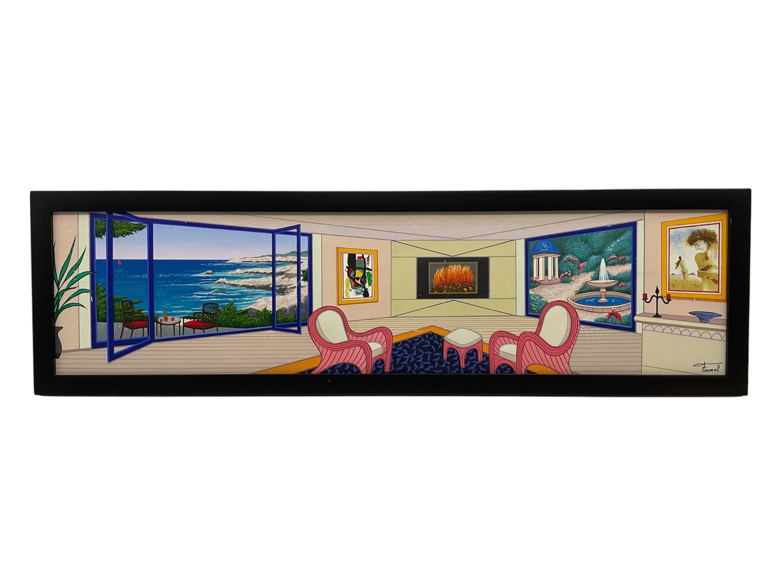 Interior with Coastal View by Fanch Ledan (French, b. 1949) Serigraph: Colorful architectural interior scene by French artist Fanch Ledan, known for his refined perspective compositions that blend interior spaces with scenic landscapes. This work presents an elegant room