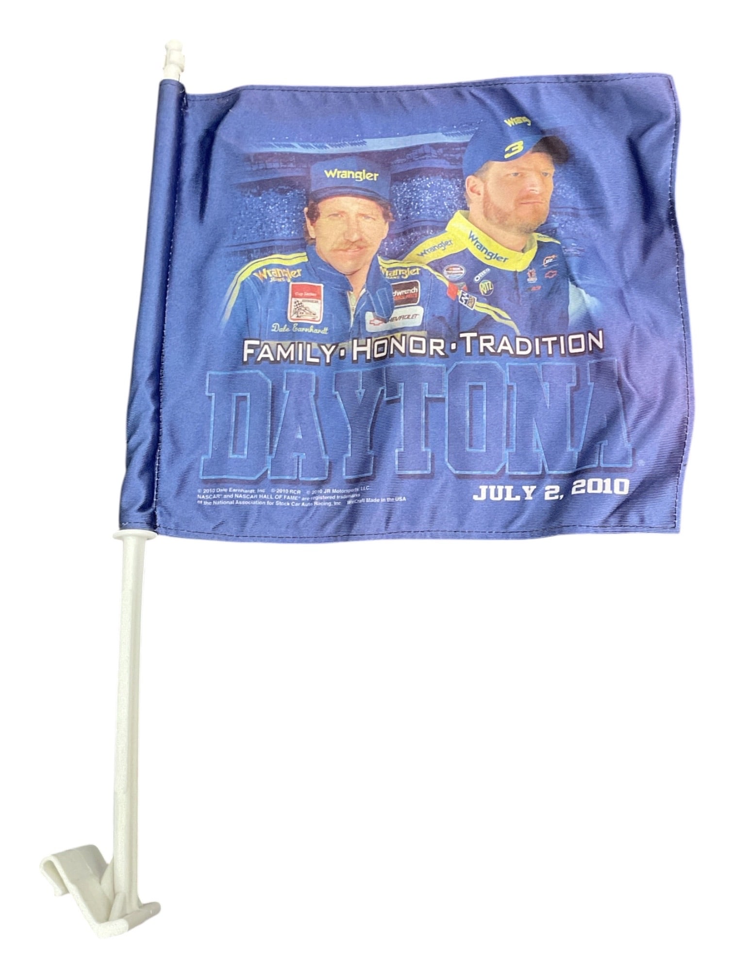 Dale Earnhardt Sr. & Dale Earnhardt Jr. 2000 Daytona NASCAR Car Flag: NASCAR commemorative car window flag featuring Dale Earnhardt Sr. and Dale Earnhardt Jr. against a blue background. The design reads “Family • Honor • Tradition” and “Dayto