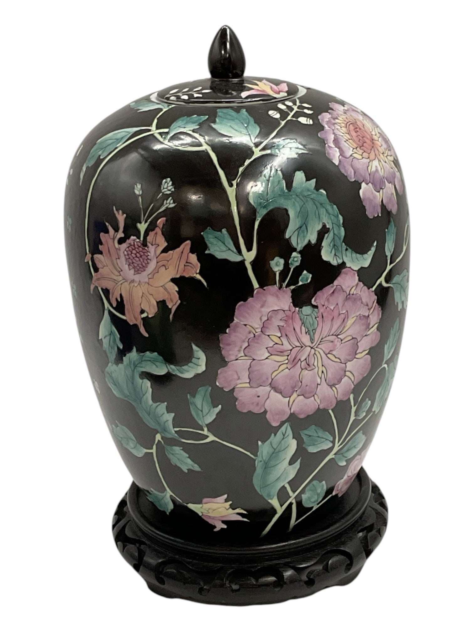 Chinese Black Ground Floral Porcelain Ginger Jar with Lid & Wood Stand: Decorative Chinese porcelain ginger jar featuring a glossy black ground richly decorated with large pink and purple blossoms, green foliage, delicate flowering branches, and smaller botanical motifs. 