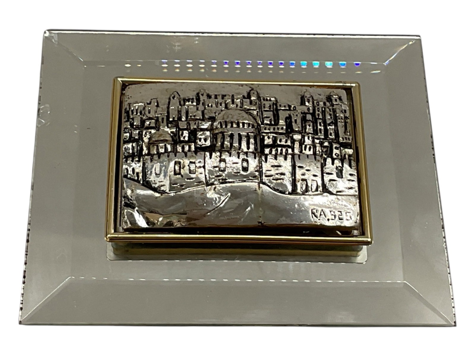 Israeli Artist Saad Hand-Crafted Sterling Silver 925 Jerusalem Plaque on Crystal: Decorative Israeli artwork by artist Saad, featuring a hand-crafted sterling silver 925 relief depicting a detailed view of Jerusalem. The architectural composition includes the Old City walls, domed 