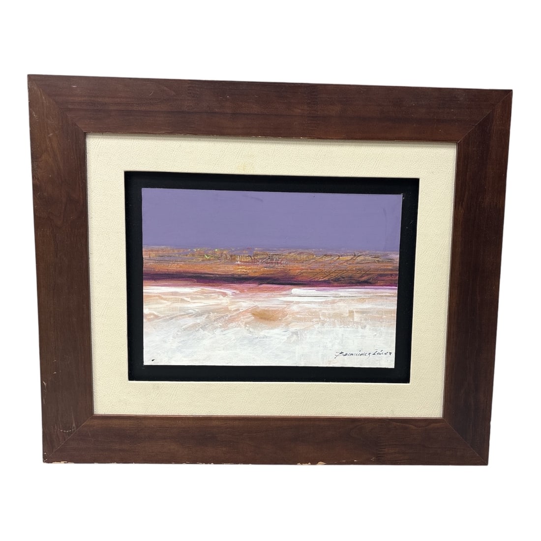Untitled by Felix Bermúdez Lárez (Venezuela, B.1967) Acrylic on Canvas: This abstract horizontal composition by Venezuelan artist Felix Bermúdez Lárez features a serene, atmospheric landscape characterized by broad, textured brushstrokes. The palette is domi