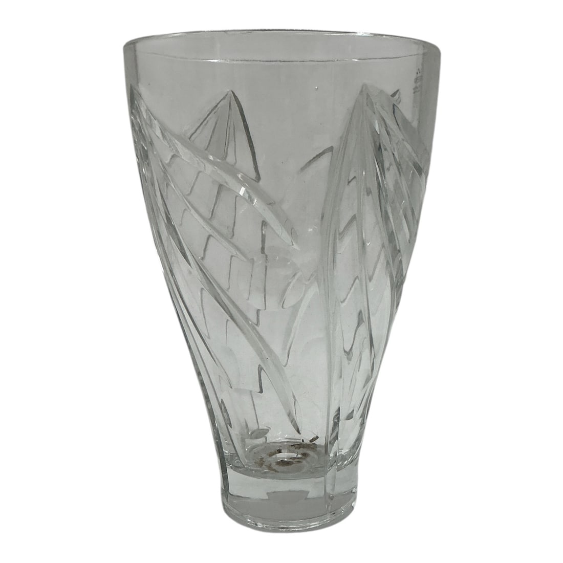 Cut Crystal Vase with Leaf Motif Irena 24% Lead, Made in Poland: Elegant clear lead crystal vase by IRENA, crafted in Poland from 24% lead crystal. The vase features a graceful flared silhouette with a heavy circular base and is decorated with large stylized leaf m