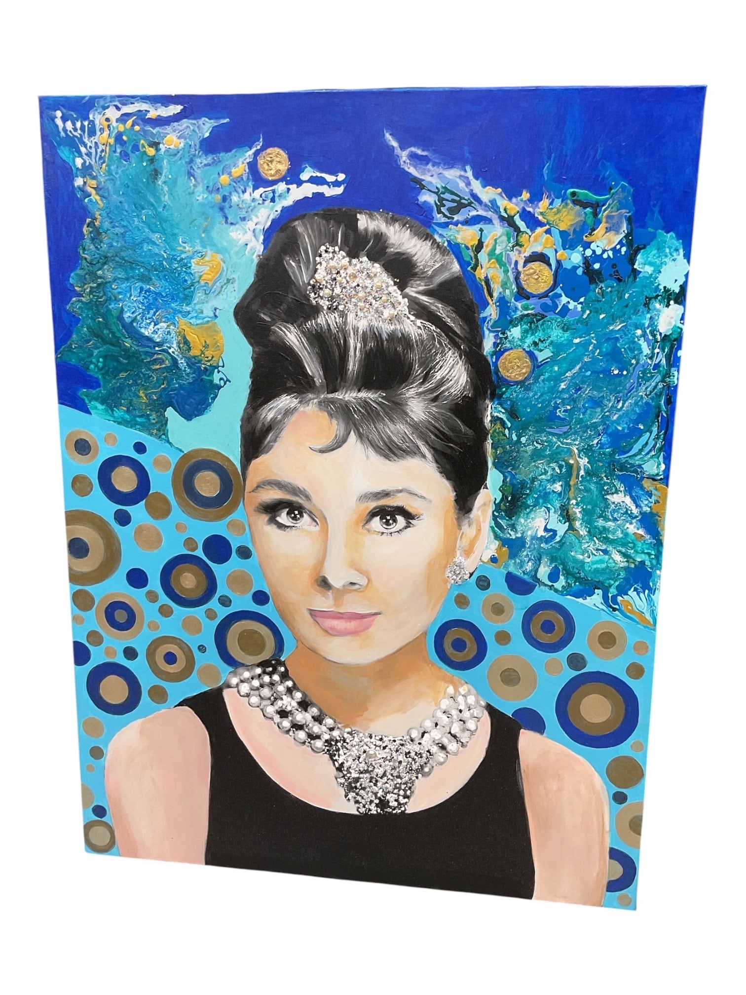 Audrey by Ruth Porat (Israel/American, B.1957) Mixed Media on Canvas: This striking large-scale portrait depicts the iconic Audrey Hepburn, rendered with a sophisticated blend of figurative detail and abstract texture. The composition captures Hepburn's classic eleg