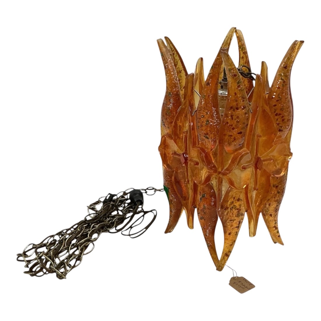 Rare Mid-Century Modern Resin Butterfly Swag Hanging Lamp: Rare mid-century modern swag hanging lamp constructed of amber-colored molded resin with an openwork butterfly motif and embedded flocking throughout the sculptural shade. The