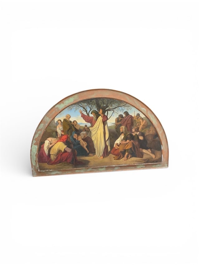 Israelites in the holy land by Carl Gottlieb Peschel (German, 1798-1879): This 19th-century Continental school oil painting is executed on a hand-carved wood panel in a traditional lunette format. The composition features the Sermon on the Mount, capturing Christ as he addr