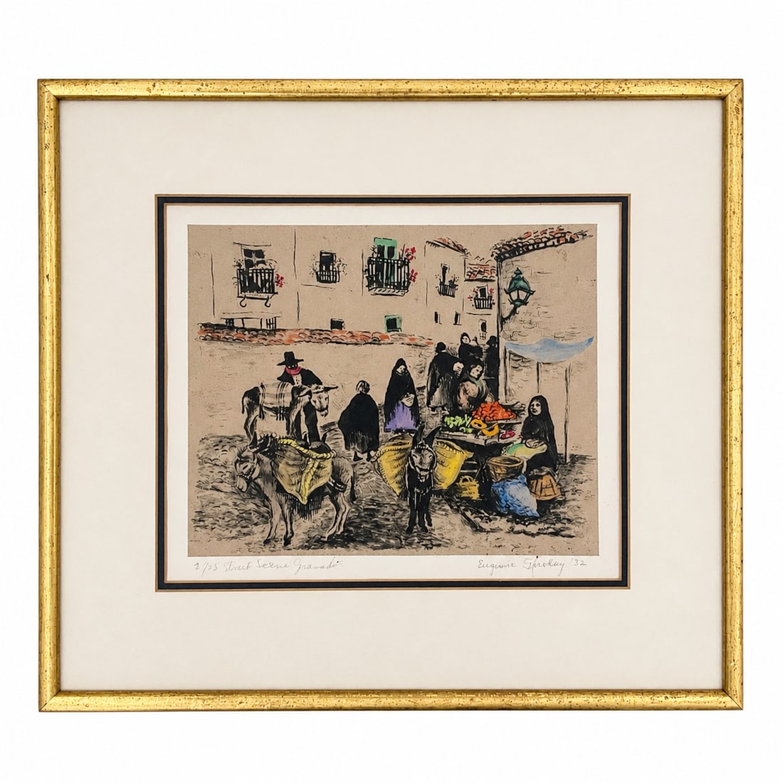 Eugenie Gershoy Street Scene, Granada Lithograph: This framed color lithograph, believed to be Street Scene, Granada by Eugenie Gershoy (Americ
