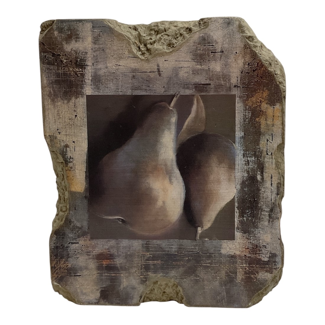 Helen Zarin Les Poires Vertes Framed Art Print: This framed art print, titled Les Poires Vertes by Helen Zarin, depicts a still life of green pears rendered in the artist's signature contemporary style. Presented in a textured rustic frame that