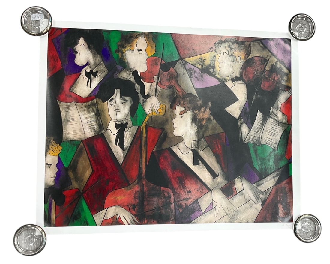 “Grand Orchestra?? by Linda Le Kinff (French, b. 1949) Color Print: Color print after Linda Le Kinff depicting a group of elegantly dressed figures rendered in the artist’s characteristic expressive modern style. The composition features vivid geometric forms
