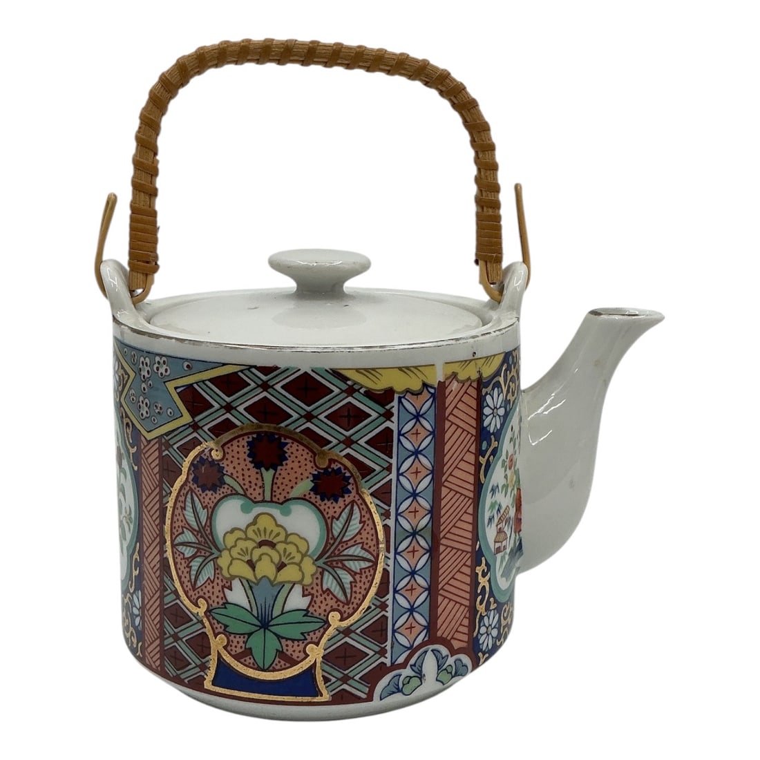 Japanese Imari Ware Porcelain Teapot with Overhead Handle: Specifications Type: Teapot with overhead handle Origin: Japan Style: Imari style Medium: Glazed porcelain, woven overhead handle Decoration: Polychrome floral cartouches, geometric diaper patterns,