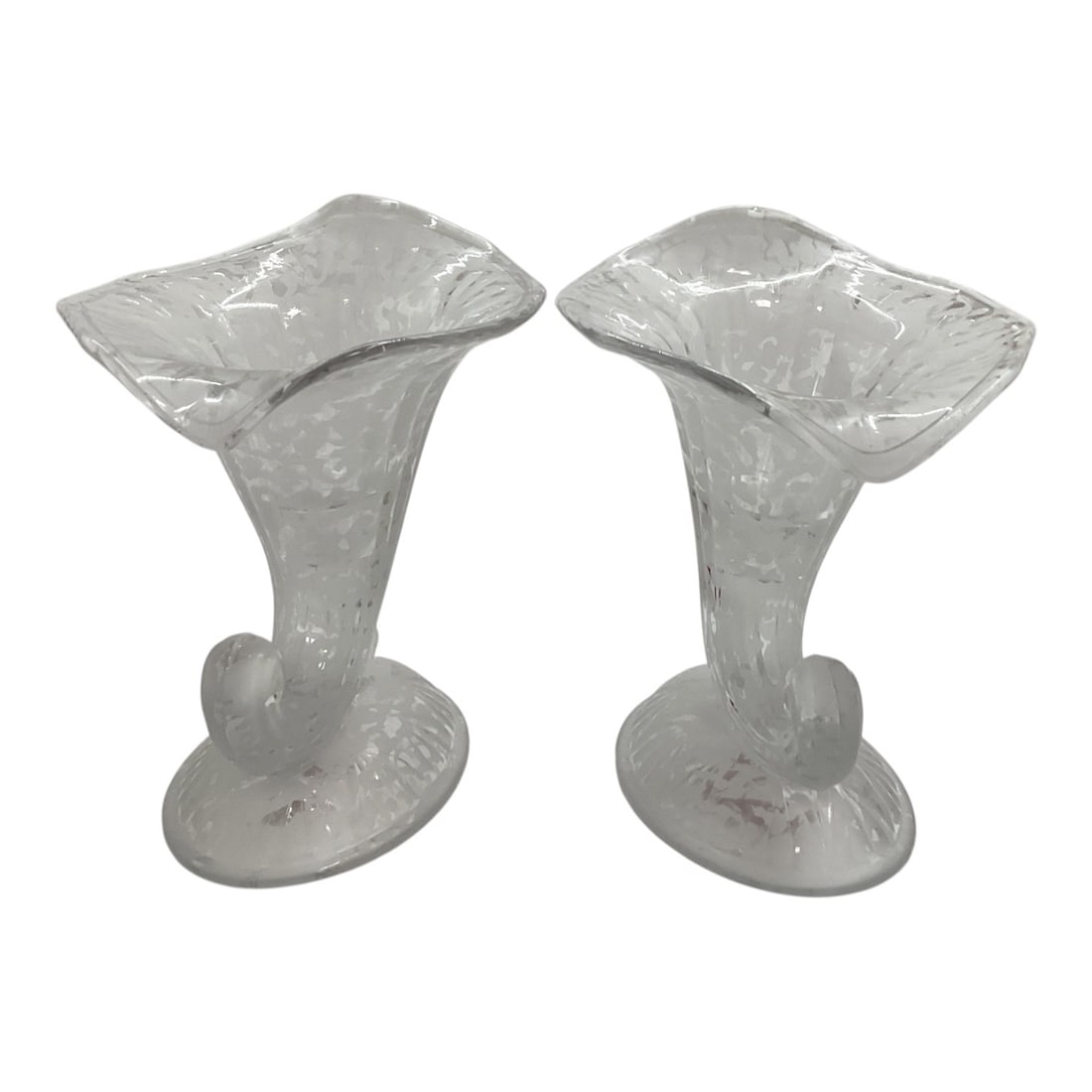 Fenton Ming No. 950 Satin Glass Cornucopia Candle Holders, Pair, 1935-1936: Vintage pair of Fenton Art Glass cornucopia candle holders in the Ming Crystal satin pattern, No. 950. Each features a graceful horn-of-plenty form with a flared, undulating rim, curved stem, and oval