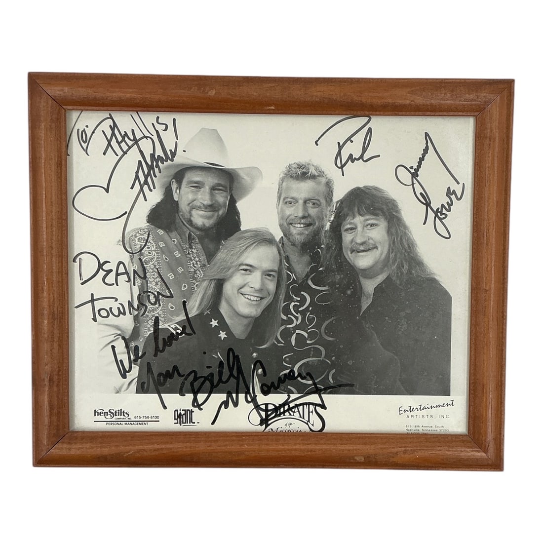 Autographed Pirates of the Mississippi Group Publicity Photograph: Specifications Subject: Pirates of the Mississippi (American country music band) Signatures: Hand-signed in black marker by band members Bill McCorvey, Rich Alves, Jimmy Lowe, Pat Severs, and Dean