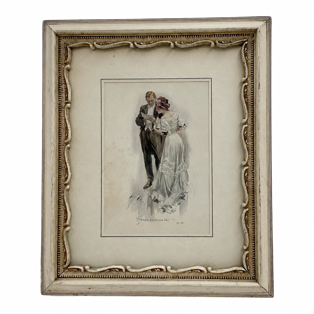 Harrison Fisher (American, 1875-1934) Framed Romantic Illustration Print: An illustration depicting a stylishly dressed couple in formal Edwardian attire, featuring a man in a tuxedo reading a letter alongside a woman in an elegant white gown with a purple headband. Fisher 