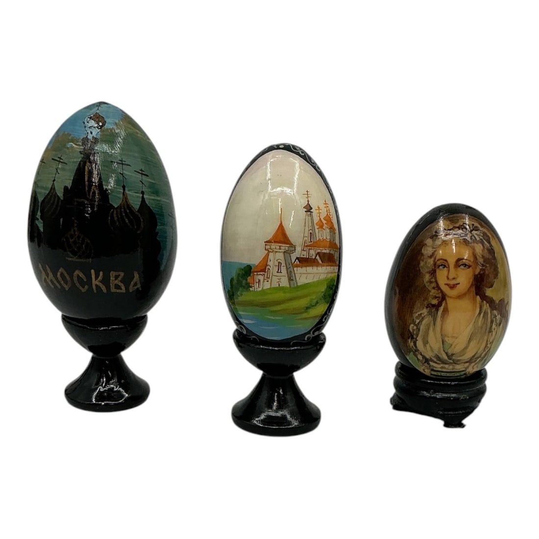 Russian Hand-Painted Lacquer Decorative Eggs on Stands (Set of 3) (1 of 3)