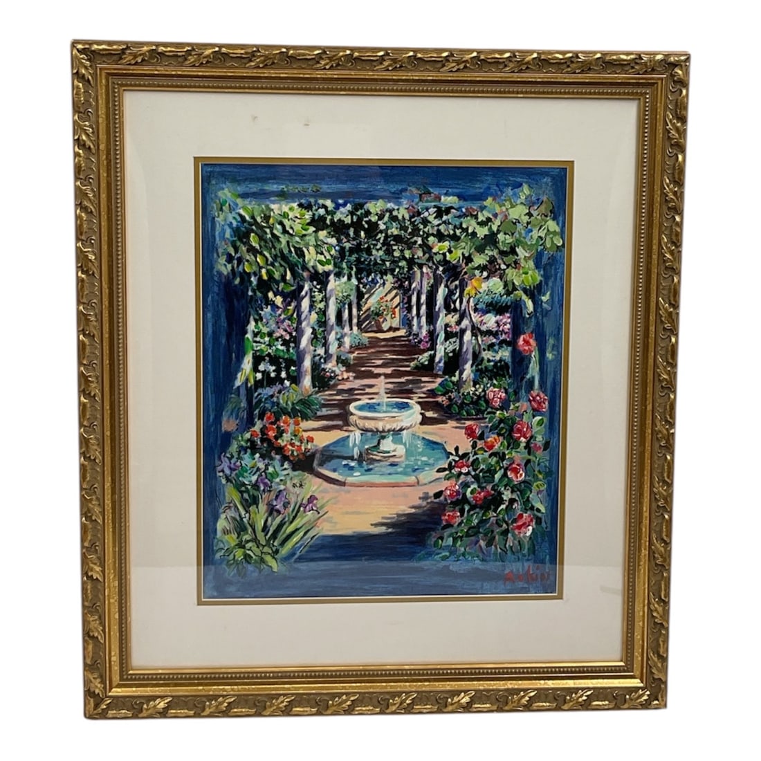 Julian Askins Garden Fountain Limited Edition Serigraph, 321/450: Limited edition serigraph by Julian Askins, depicting a formal garden centered around a tiered fountain beneath a vine-covered pergola. Richly colored flowering shrubs and lus