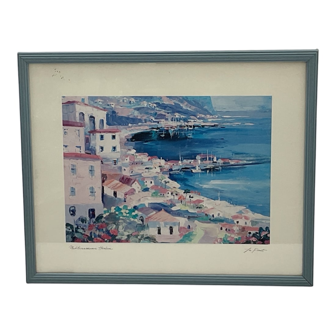 Mediterranean Harbor by Jean-Marie LaPointe (France, 1945-2007) Lithograph Print: Evoking the sun-drenched tranquility of the European coastline, this mid-century lithograph print captures a sweeping view of a bustling Mediterranean port town. The composition leads the eye along a 