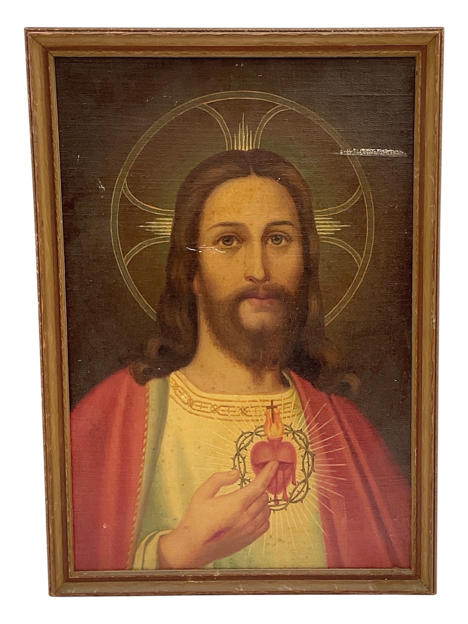Sacred Heart of Jesus Vintage Lithograph on Canvas Board: This classic vintage religious devotional work depicts the Sacred Heart of Jesus in a traditional Catholic iconographic style. Presenting a serene and compassionate portrait of Christ, the composition
