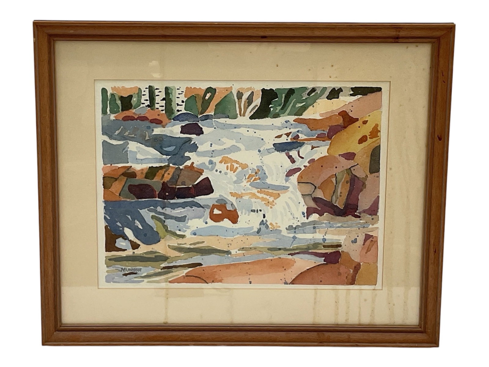 Untitled (Rushing River Rapids) by Signed Munson (20th Century) Watercolor on Paper: This dynamic 20th-century watercolor painting masterfully captures the energy and movement of a rushing river cascading through a rocky landscape. The composition utilizes a stylized, modernist approa