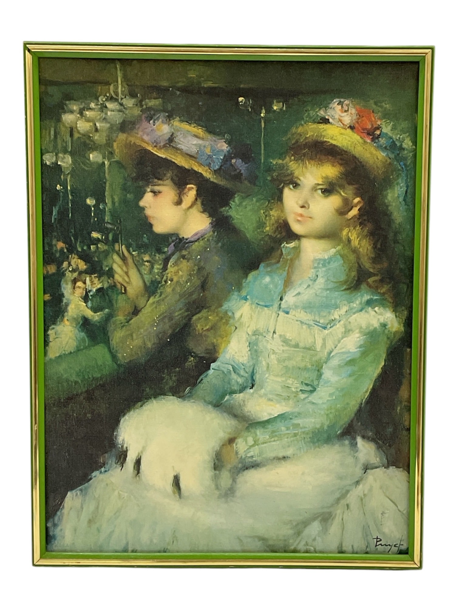 At the Theater by Jean-Pierre Puvat (20th Century) Textured Fine Art Print on Canvas Board: This charming 20th-century figurative work heavily references the elegant style and subject matter of late 19th-century French Impressionism, depicting two fashionable young women seated in a theater 