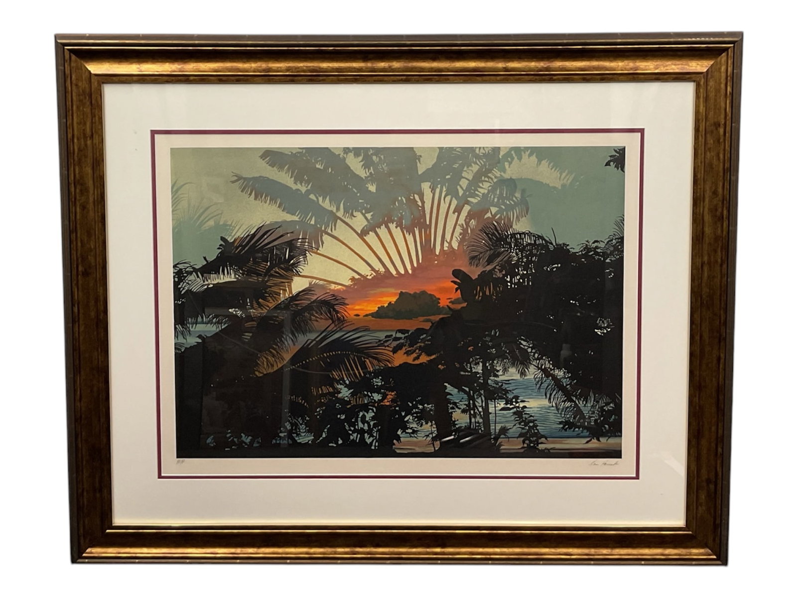 Jan Hornak (American, 20th Century) “Angel’s Concert?? Limited Edition Serigraph, Artist’s: Limited edition color serigraph titled “Angel’s Concert” by American artist Jan Hornak. The composition depicts a lush tropical landscape at sunset, with silhouetted palms framing a 