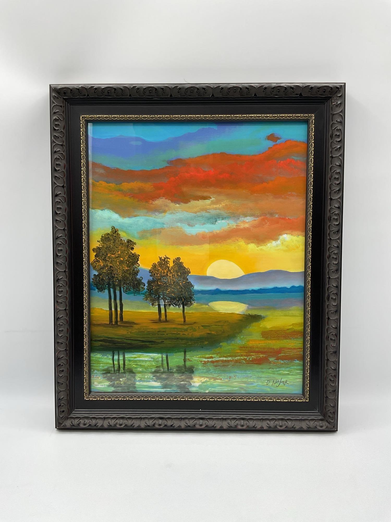 Just Behind the Mountain by David Najar (Israel, b.1962) Giclee: A serene landscape featuring tall trees reflected in a still body of water, with a glowing sun setting behind distant mountains under a vibrant, multicolored sky. Signed and numbered by the artist 116