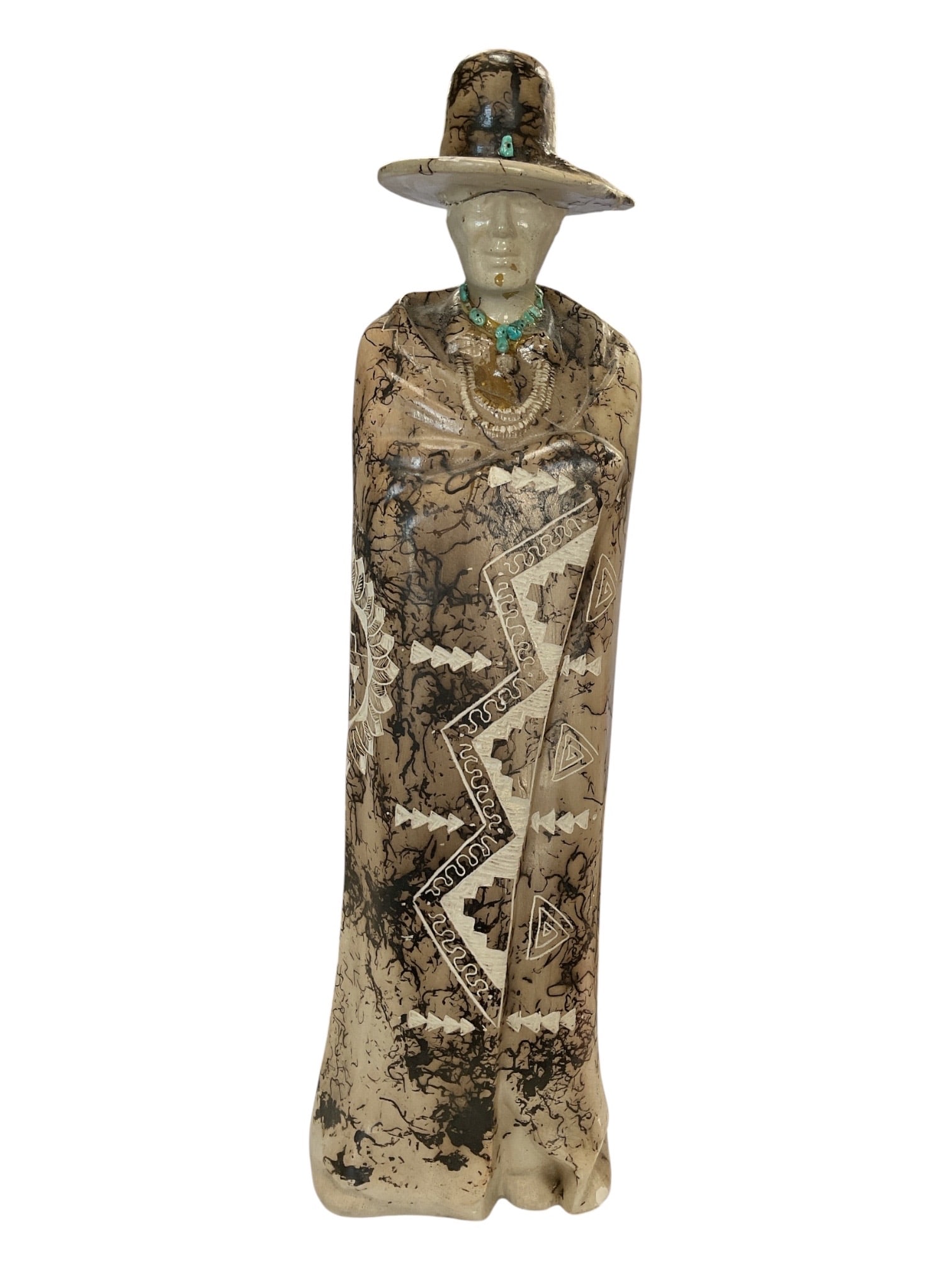 Navajo Horse Hair Pottery Figurine - Standing Figure with Wide-Brimmed Hat (1 of 2)