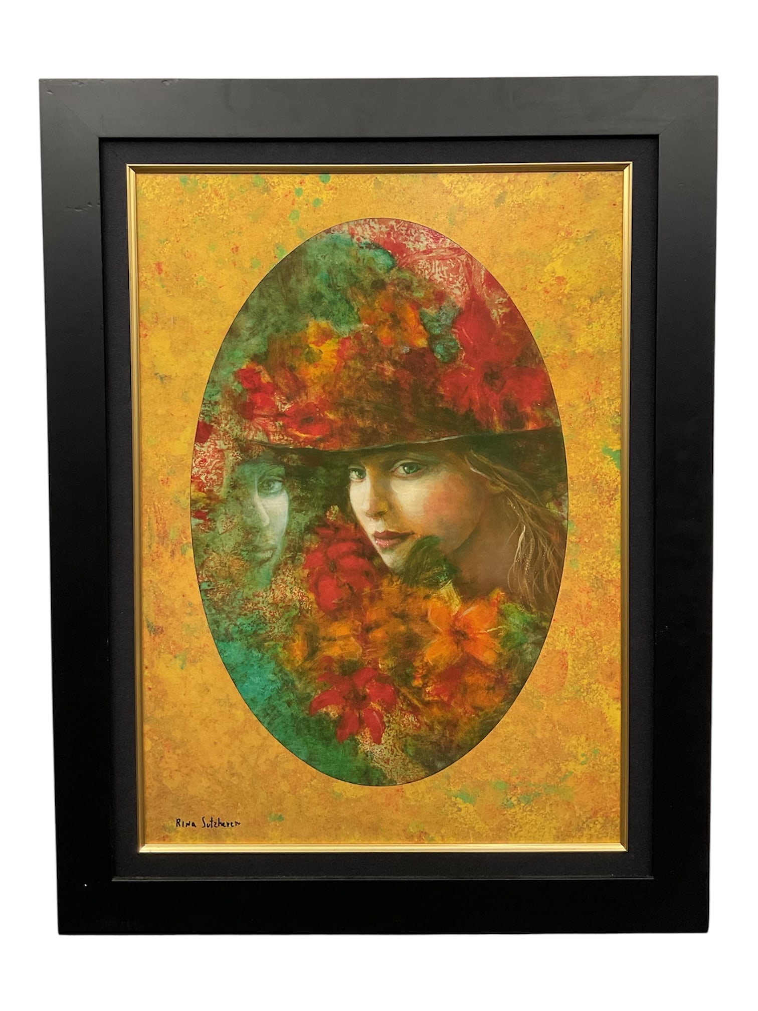 Rina Sutzkever (Israeli) Mystery Hand-Embellished Limited Edition Lithograph, 42/199: Hand-embellished limited edition lithograph titled “Mystery” by Israeli artist Rina Sutzkever. This captivating composition portrays a young woman wearing a richly colored floral hat, acco
