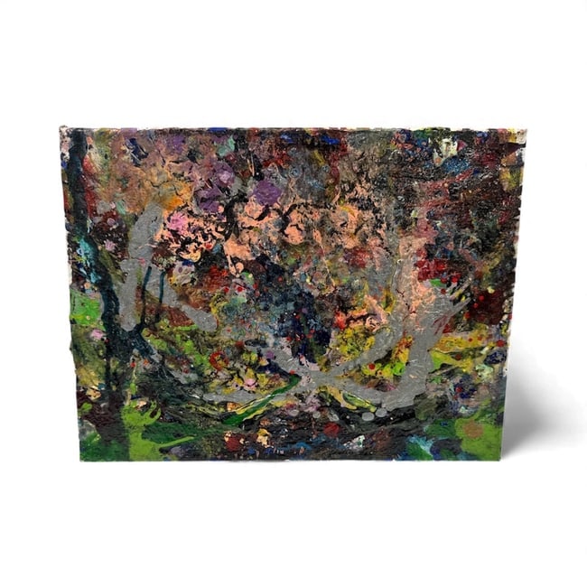 Pingo Abstract Woodland Study - Peach: A richly layered abstract composition evoking the textures and colors of a dense forest. Earthy greens and deep violets mingle with soft peach and rose tones, creating a sense of organic movement and 