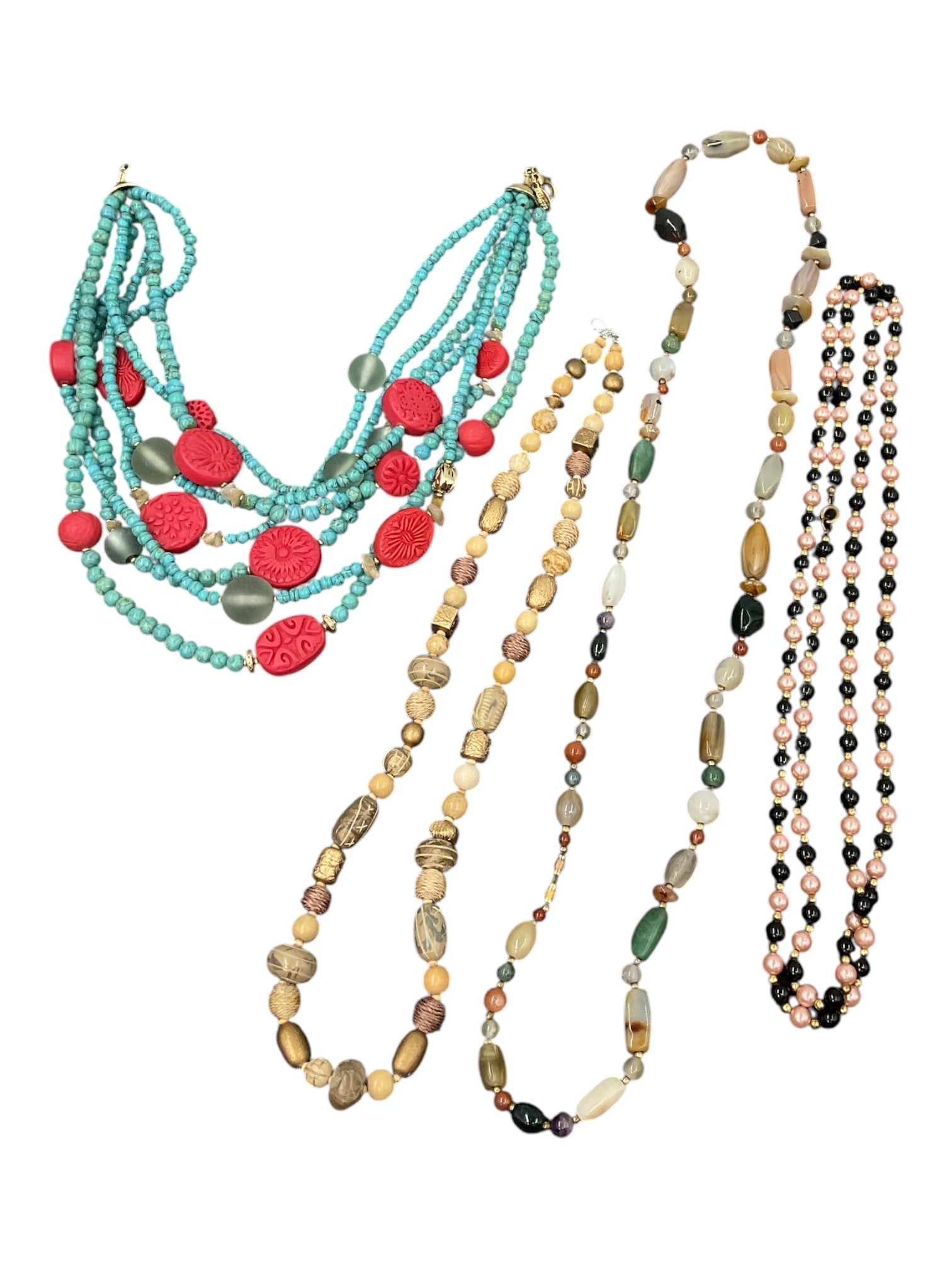 Multi-Strand Beaded Fashion Necklaces, Group of Four: Group of four fashion necklaces including a multi-strand turquoise-colored bead necklace accented with carved red floral medallions, a long necklace composed of mixed-tone oval beads, a slender neckla