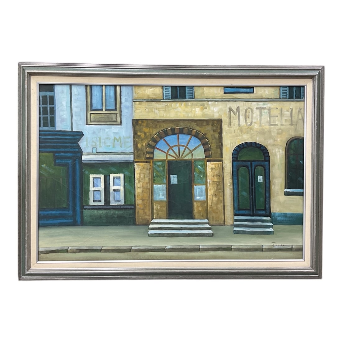 Street Facade with Hotel Entrance, signed (illegible), Oil on Canvas (1 of 4)
