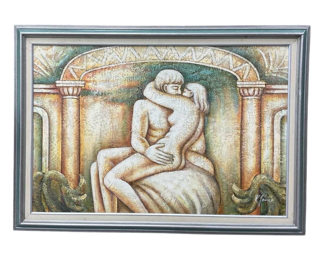 Embracing Couple by K. James, Oil on Canvas: A textured oil painting depicting an intimate embrace between two figures seated beneath an architectural arch, signed “K. James” lower left. The composition blends figurative and stylized