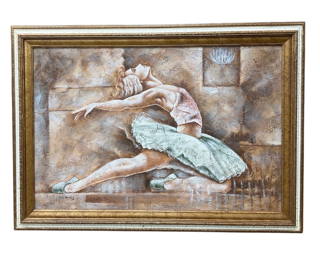 Reclining Dancer by W. Harris, Oil on Canvas: A striking oil painting depicting a reclining ballerina in a moment of graceful extension, signed “W. Harris” lower left. The composition captures the elegance and fluidity of dance, with 
