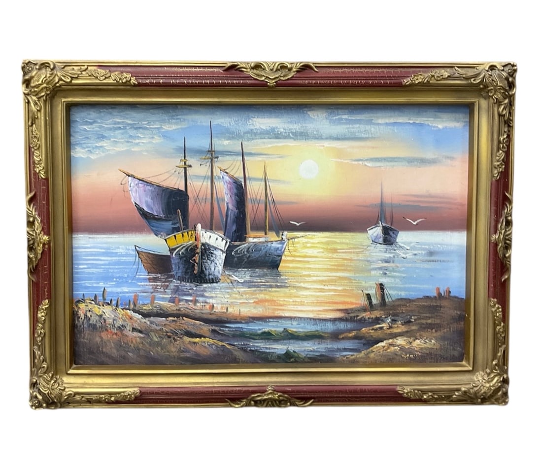 Sunset Harbor Scene with Sailing Ships, Oil on Canvas (1 of 3)