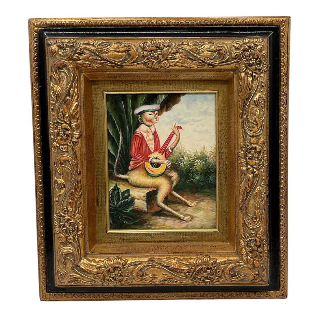Monkey Musician by Nicholas (20th Century) Oil on Canvas: This whimsical singerie composition features an anthropomorphic monkey seated on a log within a lush landscape. Dressed in a vibrant red doublet with a ruffled white collar and a feathered cap, the fi