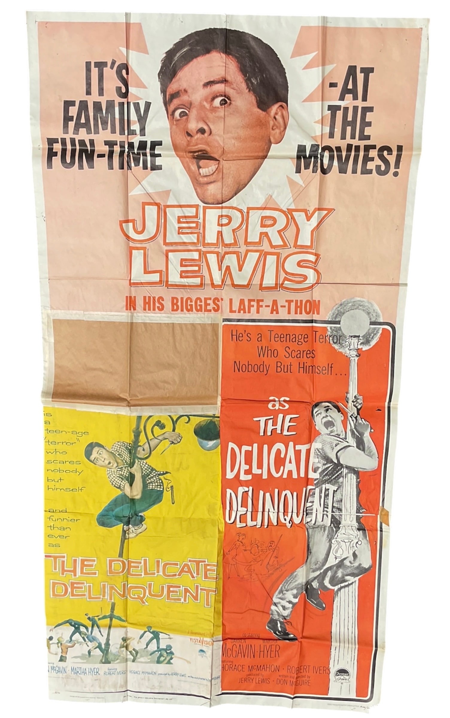 The Delicate Delinquent Movie Poster by Norman Rockwell (USA, 1894-1978) Lithograph on paper.: This vintage oversized movie poster for the 1957 film The Delicate Delinquent features a caricature of star Jerry Lewis by Norman Rockwell. While Rockwell is primarily known fo