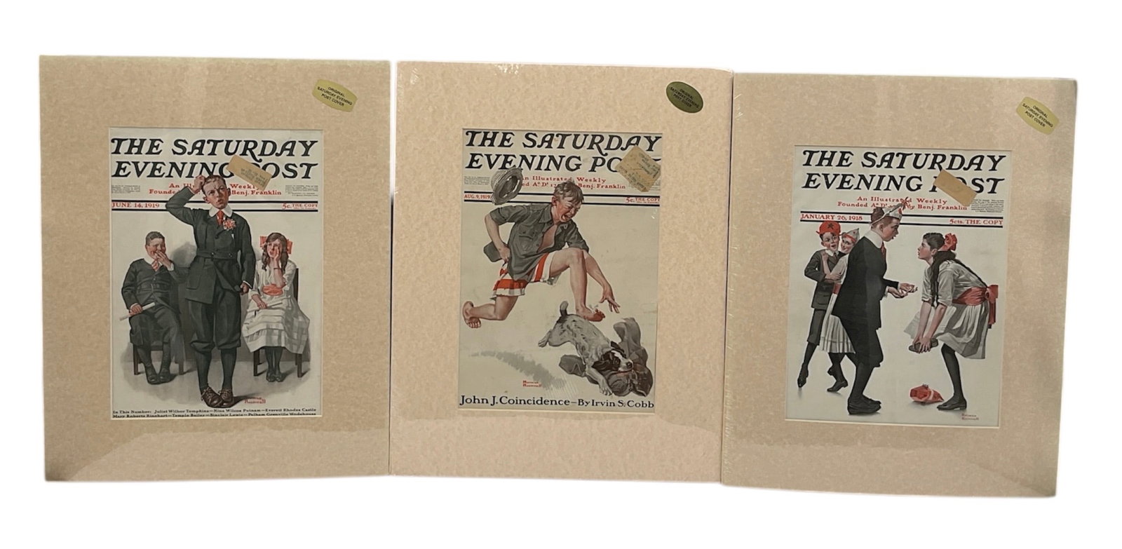 The Saturday Evening Post Covers (Set of 3) by Norman Rockwell (USA, 1894-1978) Lithograph on paper.: This collection features three iconic cover illustrations by Norman Rockwell for The Saturday Evening Post. Each piece is professionally matted and presented in a logistics-fri