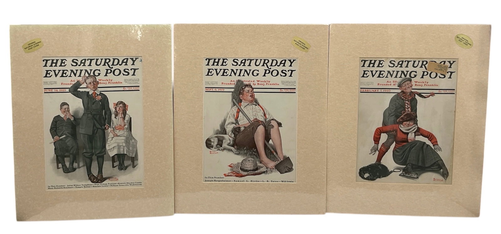 The Saturday Evening Post Covers (Set of 3) by Norman Rockwell (USA, 1894-1978) Lithograph on paper.: This collection features three iconic cover illustrations by Norman Rockwell for The Saturday Evening Post. Each piece is professionally matted and presented in protective slee