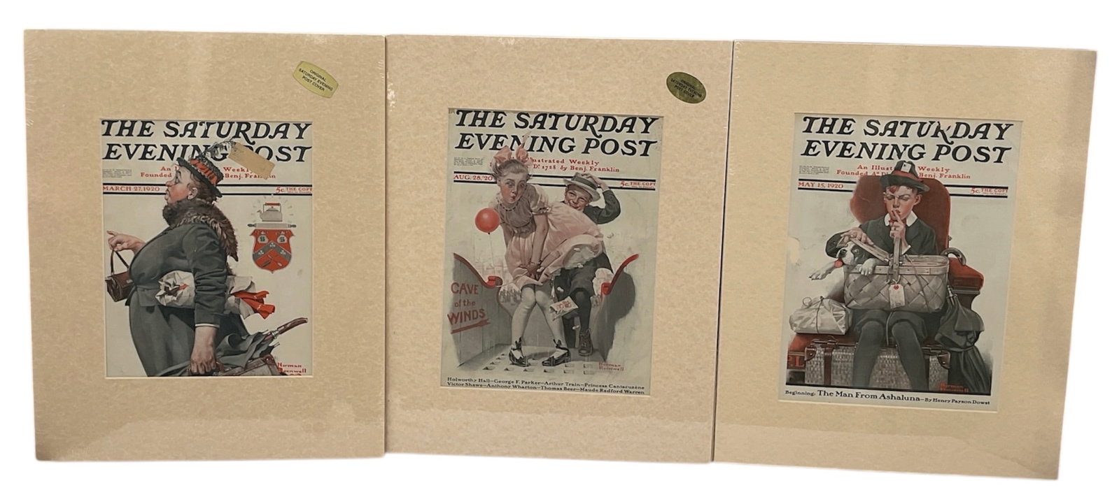 The Saturday Evening Post Covers (Set of 3) by Norman Rockwell (USA, 1894-1978) Lithograph on paper.: This collection features three iconic cover illustrations by Norman Rockwell for The Saturday Evening Post. Each piece is professionally matted and presented in protective slee