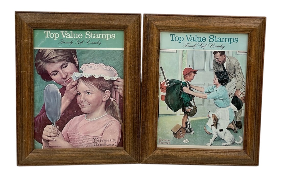 Top Value Stamps Family Gift Catalog by Norman Rockwell (USA, 1894-1978) Offset Lithographs on: These framed offset lithographs feature iconic cover illustrations created by Norman Rockwell for the Top Value Stamps Family Gift Catalog. One depicts a mother assisting her daughter with a pink bonn