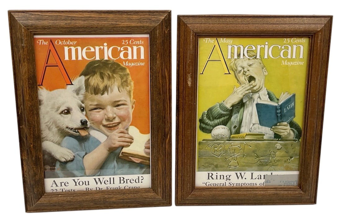 The American Magazine Covers by Norman Rockwell (USA, 1894-1978) Offset Lithographs on Paper.: These framed offset lithographs feature classic cover illustrations designed by Norman Rockwell for The American Magazine. One piece showcases the October cover titled "Are You Well Bred?" f