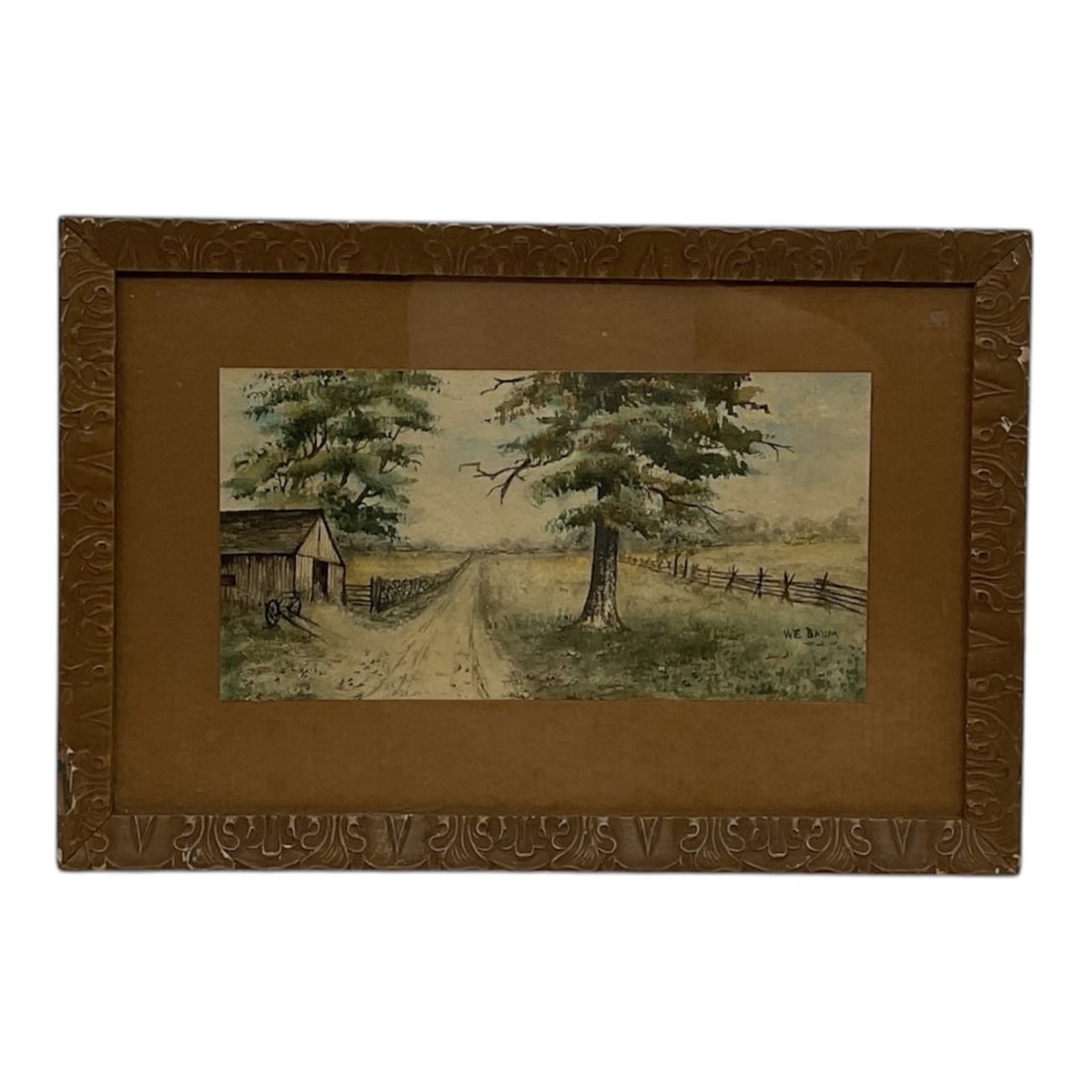 Rural Landscape Painting Signed We Baum in Decorative Frame: A framed landscape painting depicting a quiet rural scene with a dirt road leading past a farmhouse and fence line, flanked by tall trees. The composition is rendered in soft, muted tones with delicat