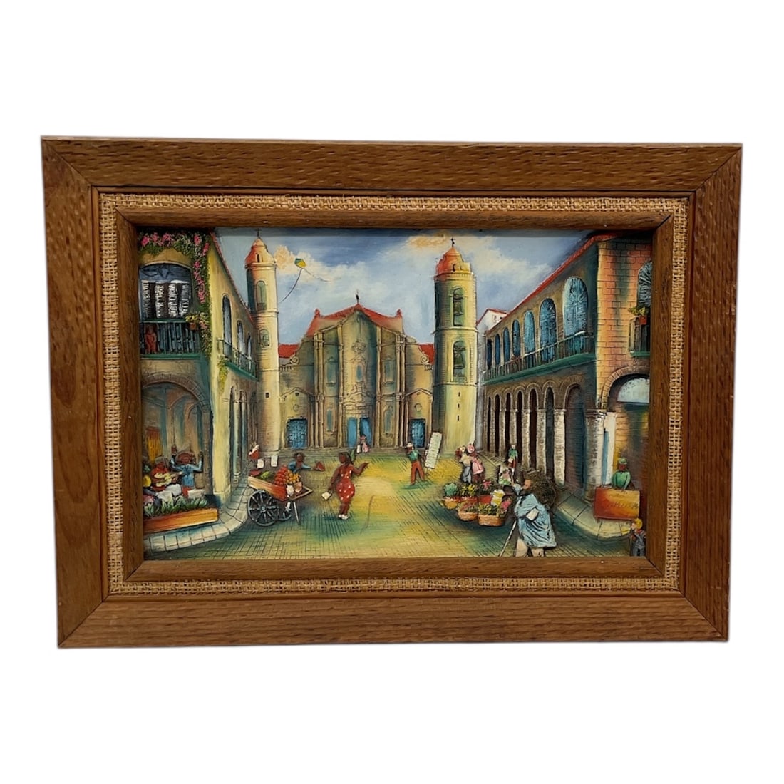 Old Havana Cathedral Courtyard Scene Oil Painting: An oil painting depicting a lively scene from Old Havana, centered on the Havana Cathedral and its surrounding plaza. The composition captures the architectural character of the historic cathedral wit