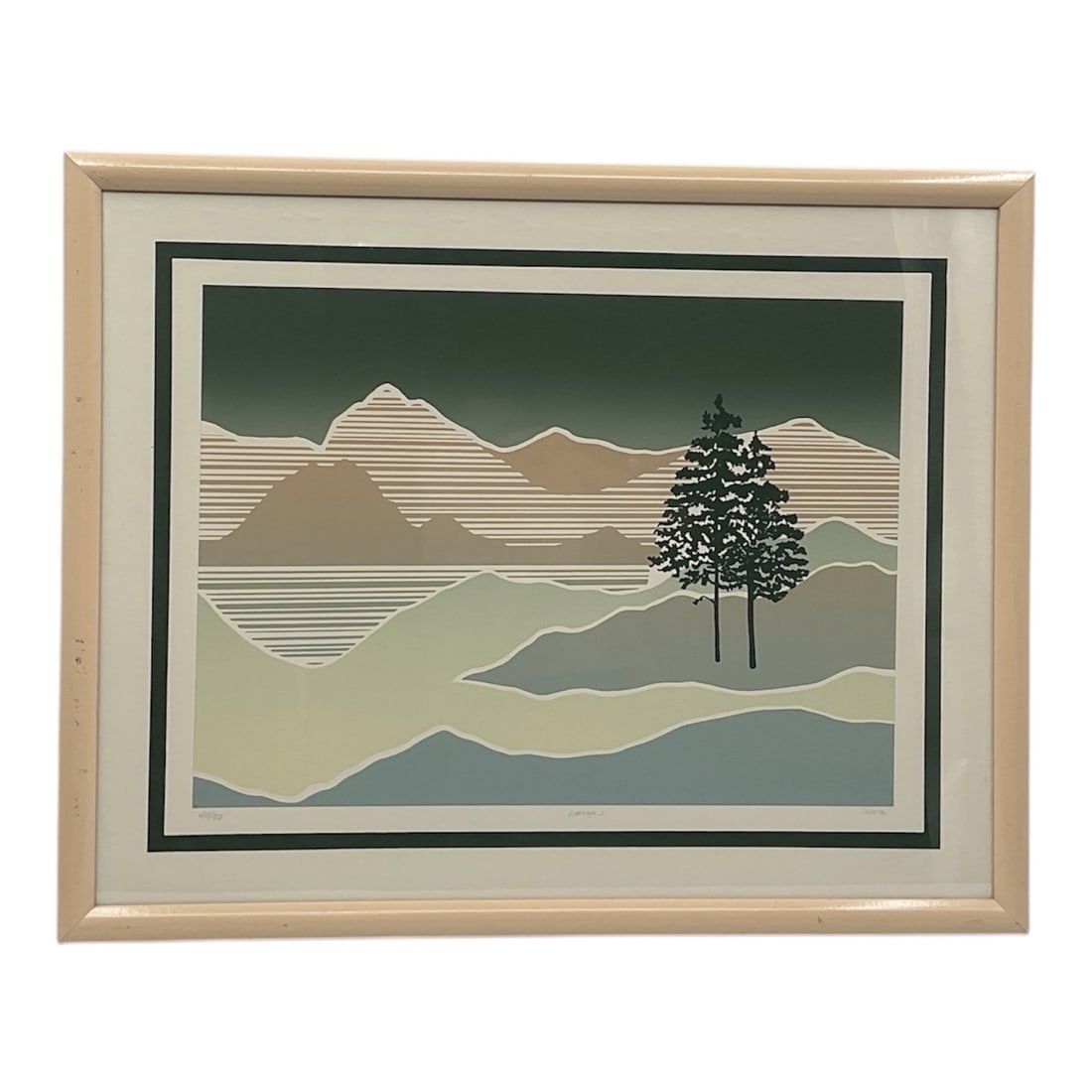 Linescape I by Schenk Limited Edition Print 405/950: A framed limited edition print titled Linescape I by Schenk, featuring a stylized landscape composition rendered in a minimalist, modern aesthetic. The design incorporates layered forms of mountains, 