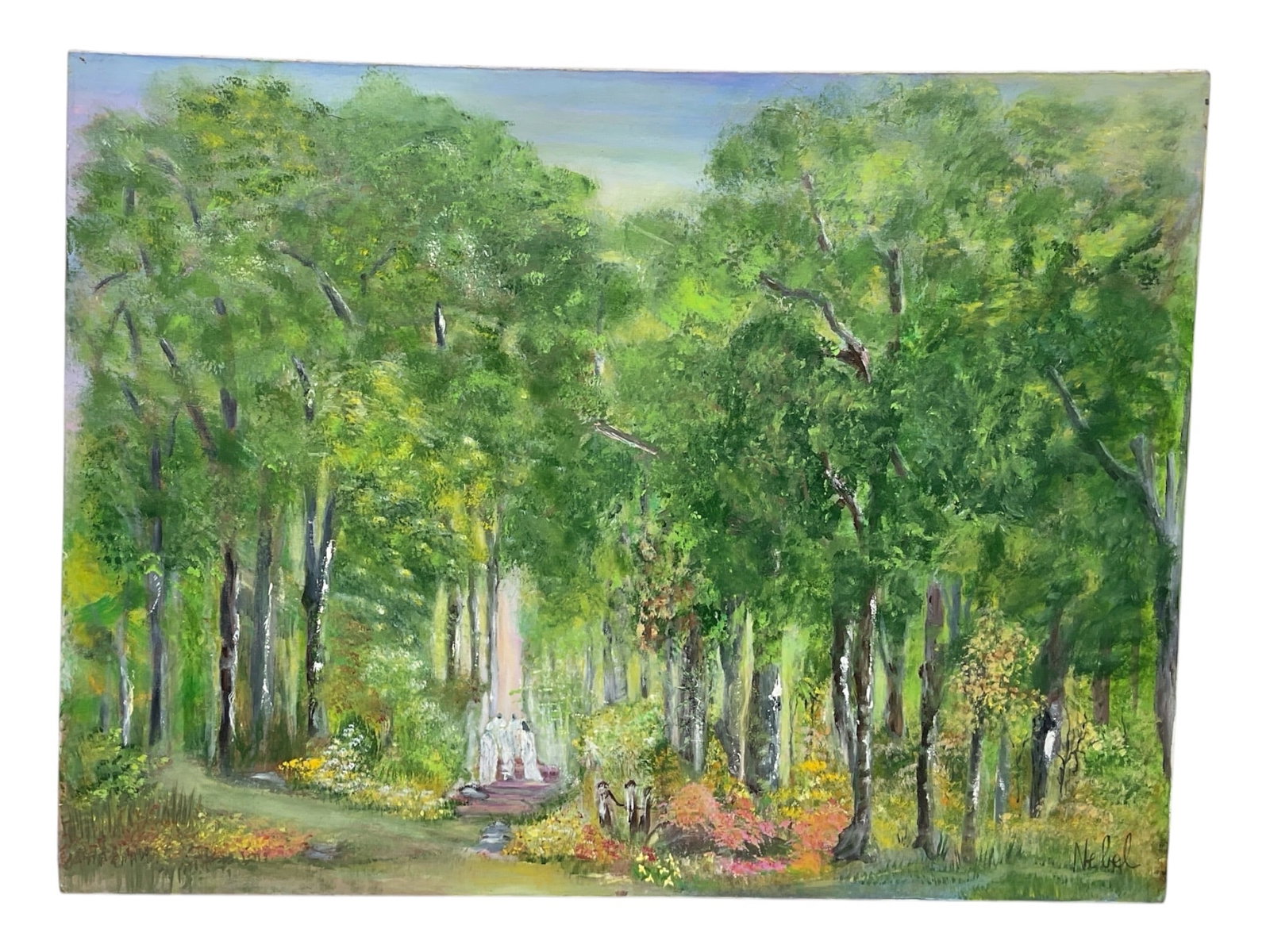 Woodland Procession by Gustave Nebel (French/American, 1906-1971) Oil on Canvas: A vibrant impressionist landscape capturing a ethereal procession moving through a sun-drenched forest. Nebel utilizes a rich, gestural application of paint to render a lush canopy of greens and yello