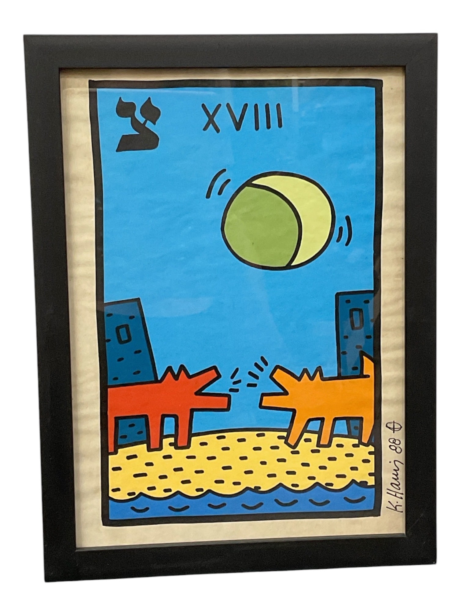 Tarot Card XVIII (The Moon), Manner of Keith Haring (American, 1958-1990) Mixed Media on Paper (1 of 2)