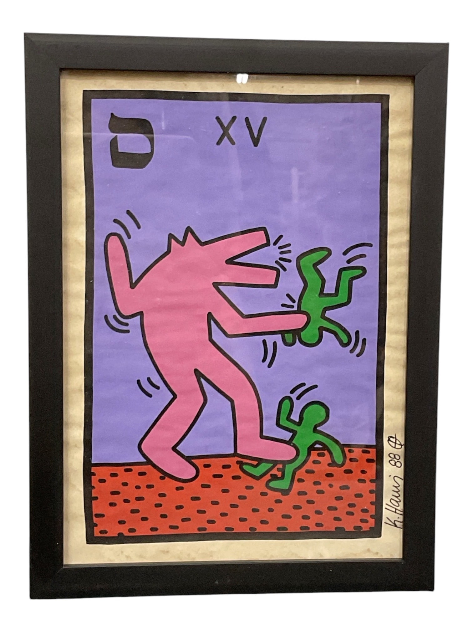 Tarot Card XV (The Devil), Manner of Keith Haring (American, 1958-1990) Mixed Media on Paper (1 of 2)