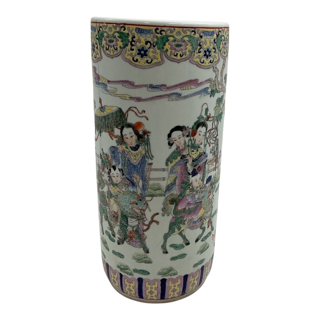 Chinese Famille Rose Porcelain Umbrella Stand: Chinese porcelain umbrella stand of cylindrical form, decorated in the famille rose palette with finely detailed court figures in an outdoor landscape beneath an ornate floral