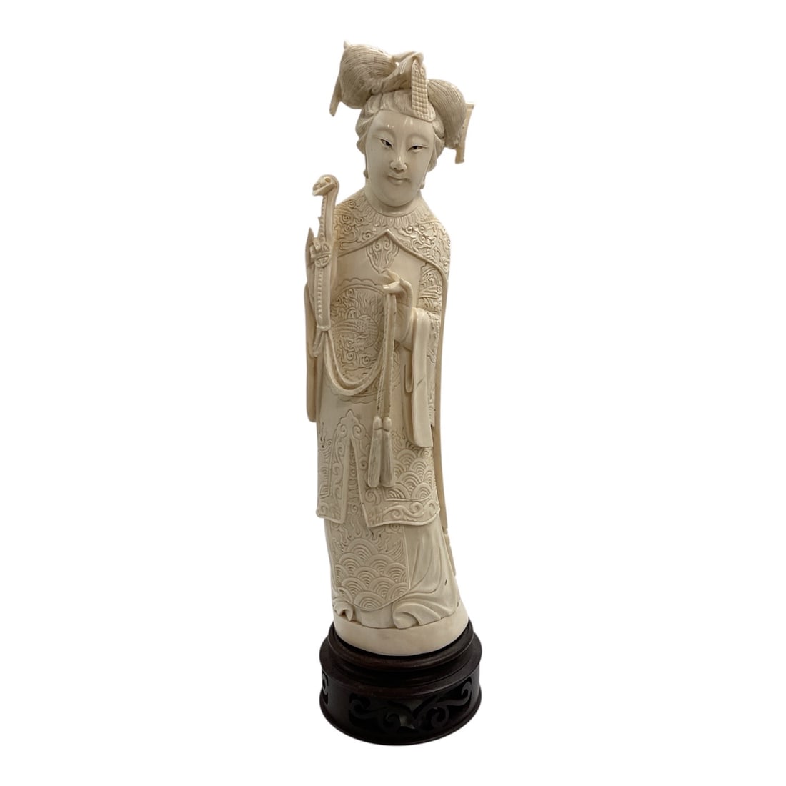 Asian-Style Carved Female Court Figure Sculpture: A finely detailed Asian-style carved sculpture depicting an elegant standing female court figure dressed in elaborate traditional robes. The figure features an ornate headdress, layered jewelry, and i