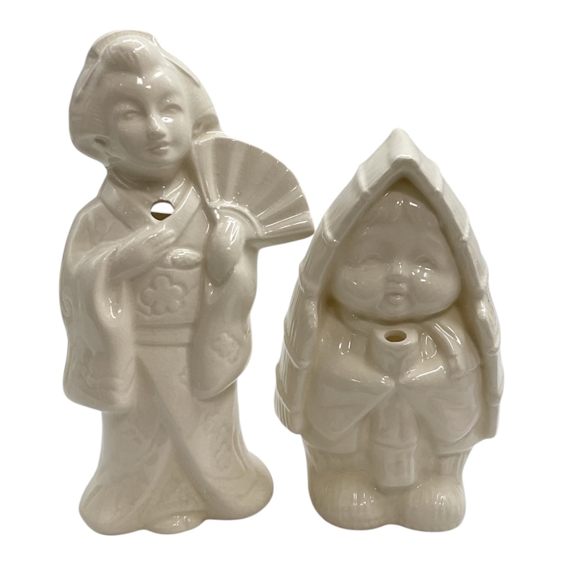Benihana of Tokyo Geisha Ceramic Tiki / Incense Burners, Pair: Vintage pair of Benihana of Tokyo figural ceramic vessels made in Japan, each depicting a stylized Japanese female figure in traditional attire. The taller figure holds an open fan, while the smaller 